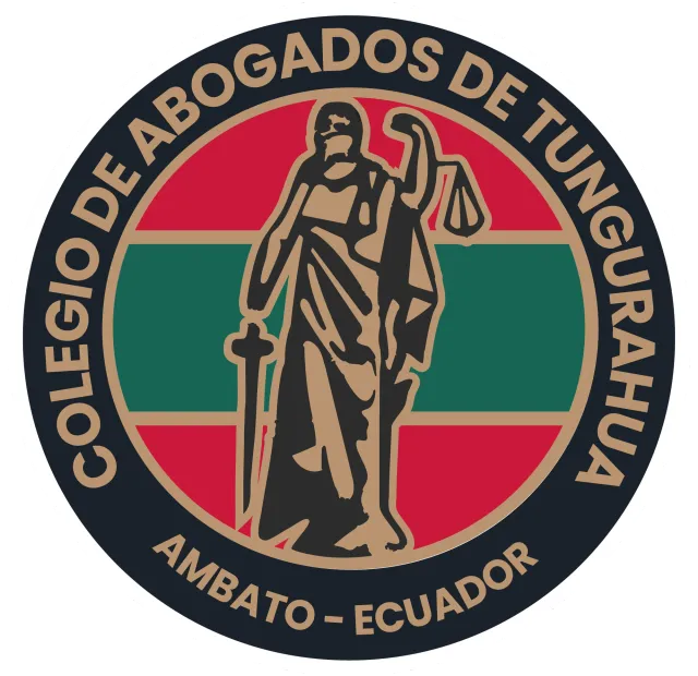 Sello del Colegio de Abogados de Tungurahua: la Justicia con espada y balanza sobre franjas roja, verde y roja, con la leyenda «Colegio de Abogados de Tungurahua · Ambato - Ecuador»