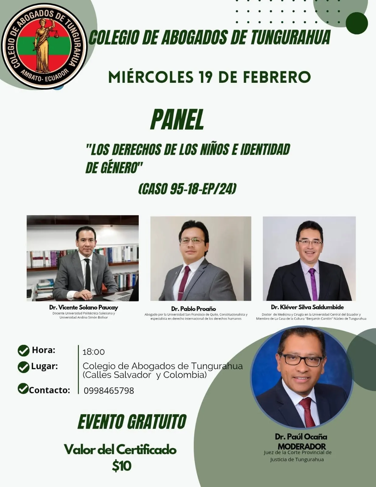 Flyer oficial del panel Los Derechos de los Niños e Identidad de Género (caso 95-18-EP/24), miércoles 19 de febrero, evento gratuito
