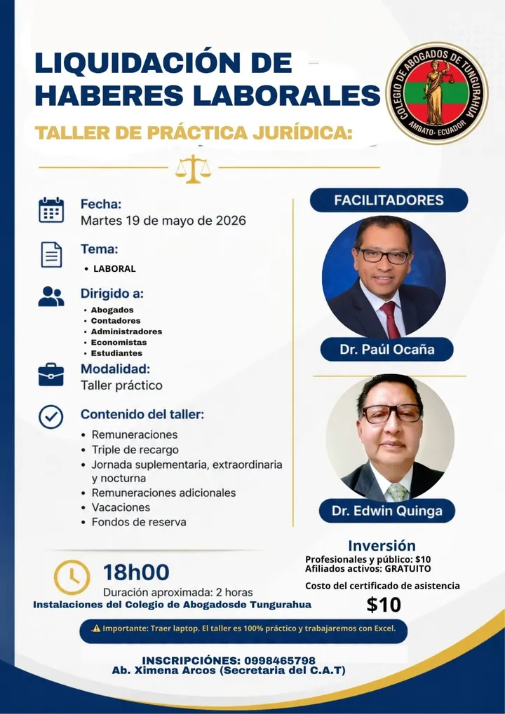 Flyer oficial del taller de práctica jurídica Liquidación de haberes laborales, martes 19 de mayo de 2026, con los facilitadores Dr. Paúl Ocaña y Dr. Edwin Quinga